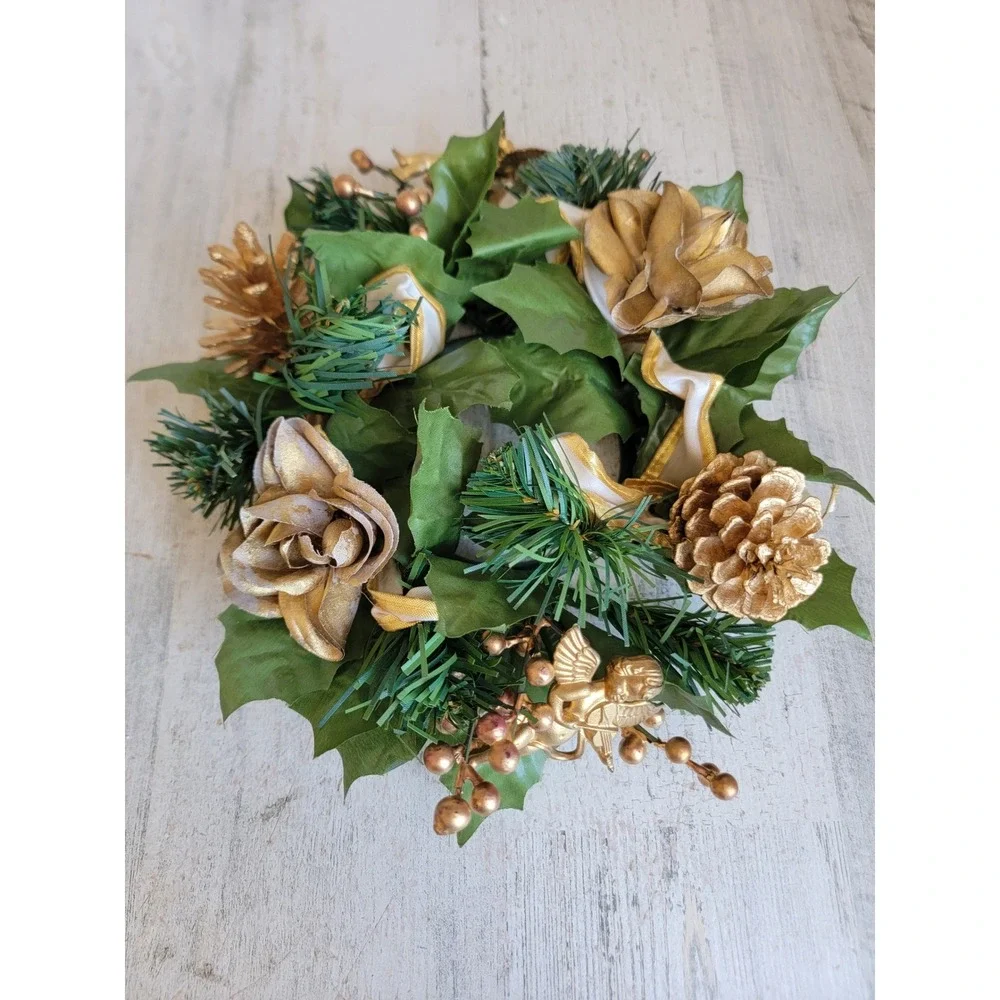 Rustic miniature wreath Angel Cherub Golden hanging Xmas home decor